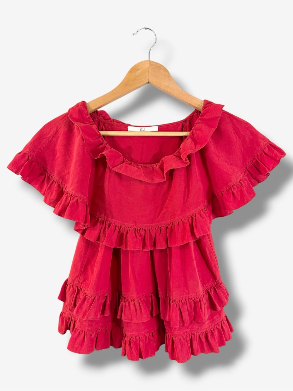 Tibi Red Silk Blouse Size 4 Ruffle Tiered Sleeveless Evening Elegant Occasion